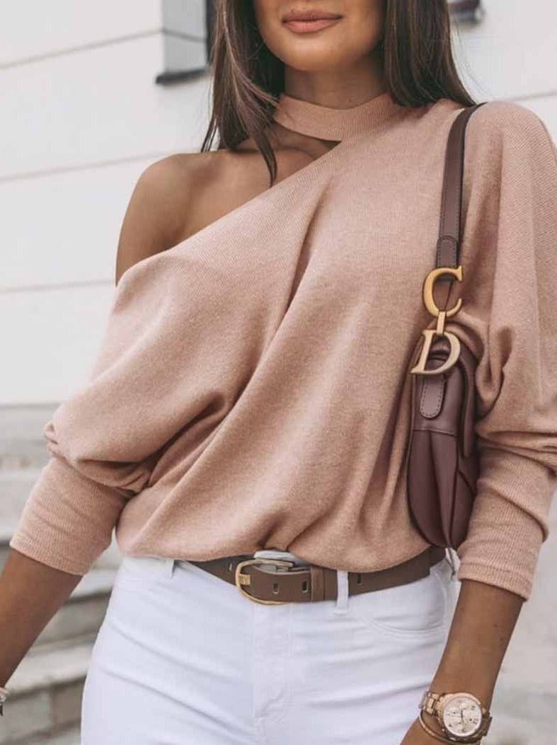 Casual Pure Color Diagonal Long Sleeves Tops