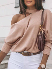 Casual Pure Color Diagonal Long Sleeves Tops