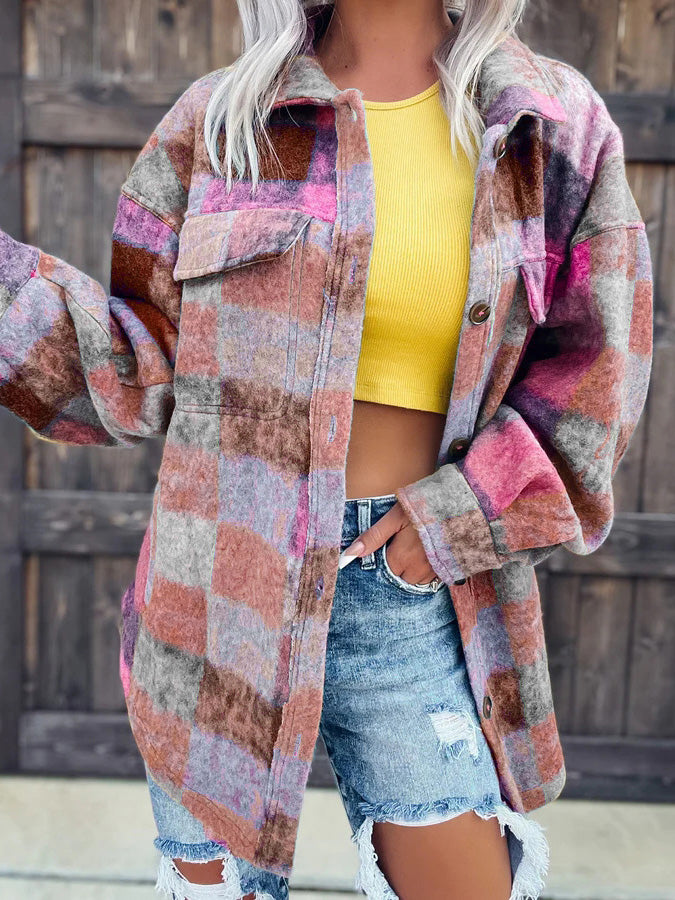 Women's Jackets Tie-Dye Print Lapel Wool Long Sleeve Jackets