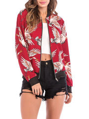 Woman Crane Print Autumn Jackets