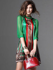 Printing Stand Collar Seven-Tenths Sleeves Midi A-Line Dresses