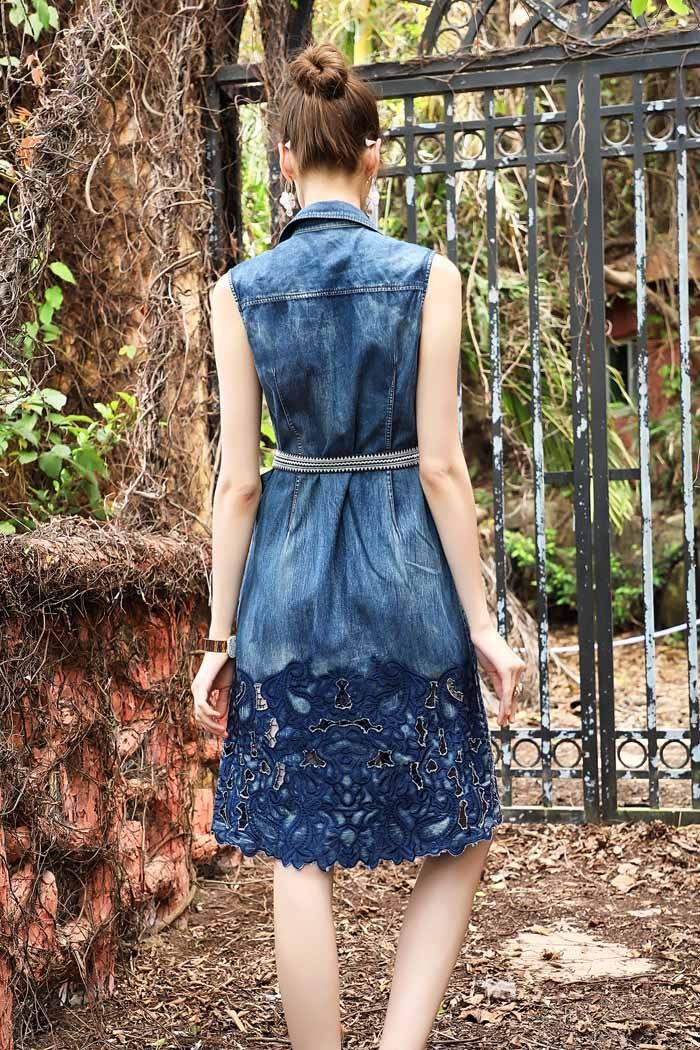 Sleeveless hollow embroidery denim midi dress