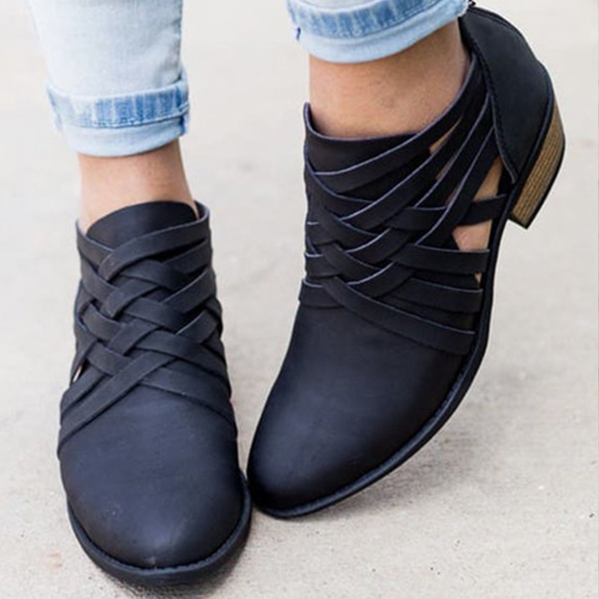 Plus Size Criss-Cross Ankle Heel Booties Hollow-out  Woman PU Boots