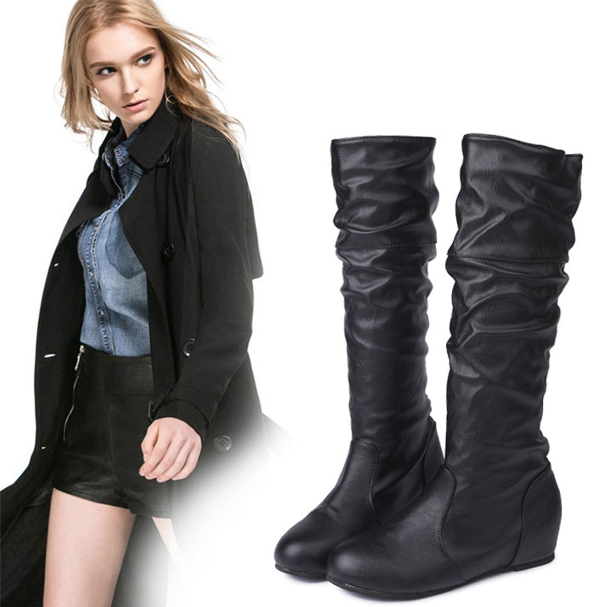 Woman Plain Wrinkled High Boots