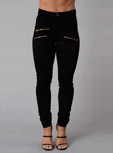 Zipper Pockets High Waisted Buttons Long Pants