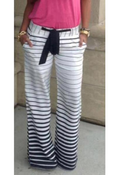 Fading Color Striped  Wide Leg Pants With Cloth Sash Tie