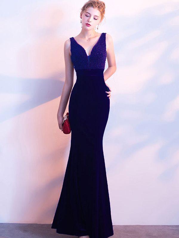 Elegant Velvet Sequined V-Neck Sheath Backless Party Dresses