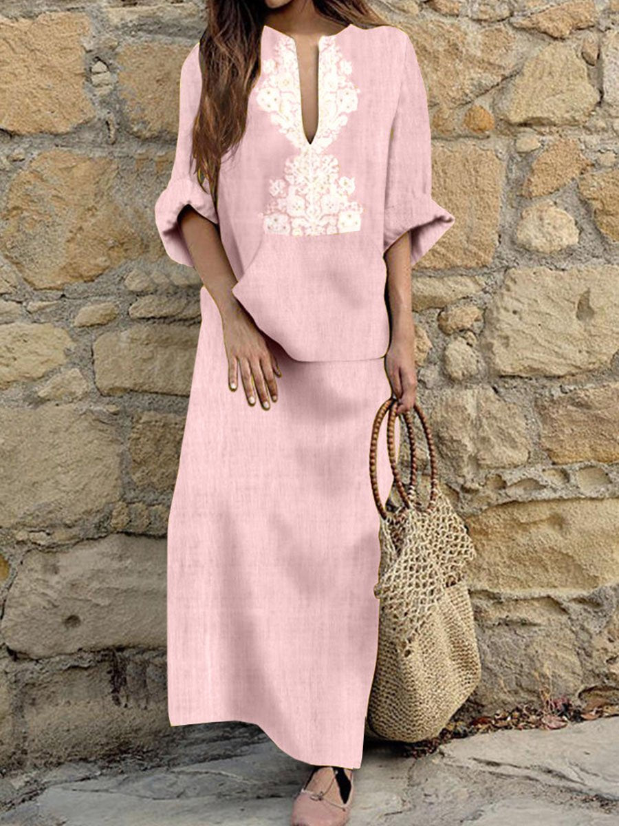 Woman Cotton Linen Long Sleeve Solid Loose V Neck Boho Long Dress Casual Dress Maxi Dress