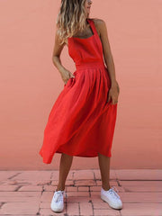 Sexy button backless Plain Women Skater Dresses