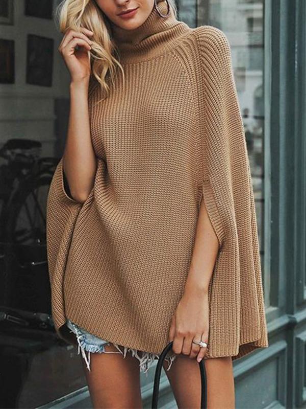 Woman Plain High Collar Cloak Sweater