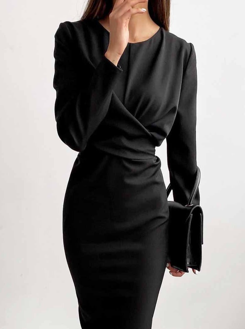 Fashion Long Sleeve Waist Midi Dress(4 Colors)