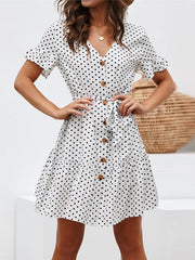 Fashion elegant V collar spotty chiffon skater dress