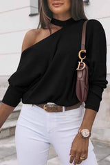 Casual Pure Color Diagonal Long Sleeves Tops