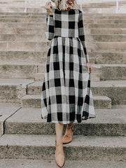 Fashion Round Collar Square Long Sleeve Maxi Dress