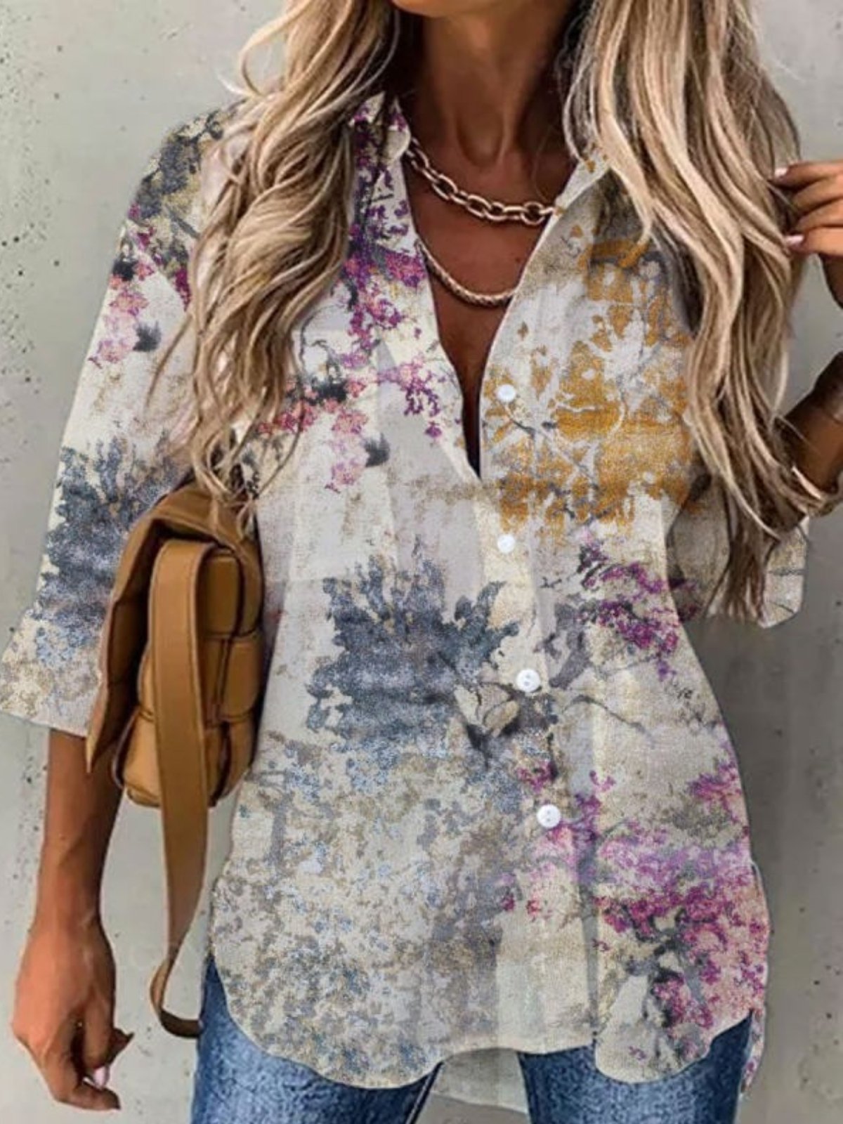Casual Printed Shirt Collar Long Sleeve Shirts & Tops