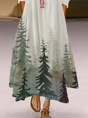 Casual loose long-sleeved plant print dress