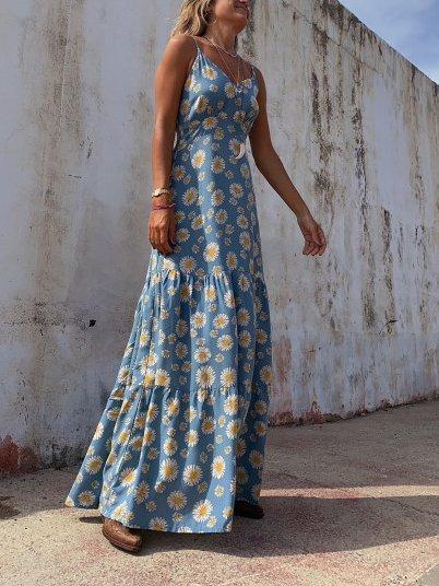 Blue Boho Spaghetti A-Line Floral Dresses