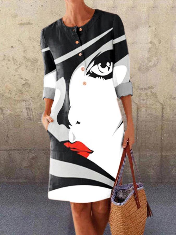 White-Black Long Sleeve Crew Neck Dresses