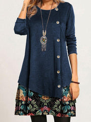 Casual Loose Round Neck Floral Long Sleeve Dress