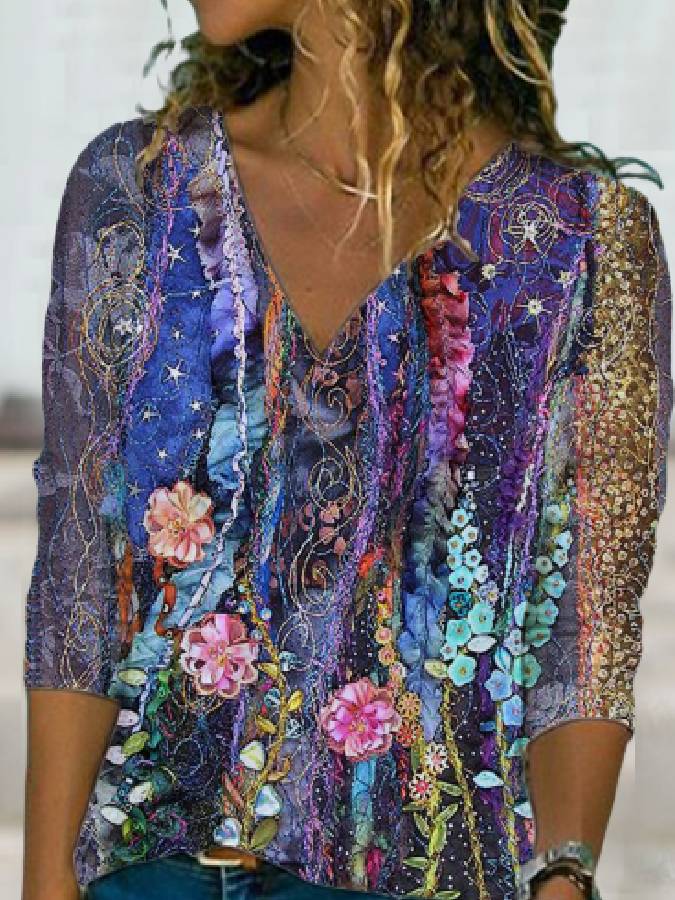 Blue Floral Shift Casual V Neck Tops T-Shirts