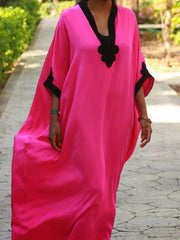 Deep Pink Holiday Plain Paneled V Neck Vacation Dresses