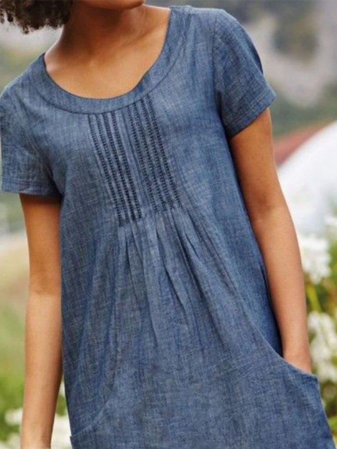 Blue Crew Neck Casual Short Sleeve Plain Midi Dresses