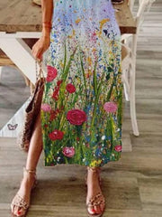Cotton-Blend Crew Neck Sweet Shift Dresses Long dress Maxi dresses