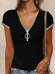 Black V Neck Zipper Casual Solid Shirts & Tops