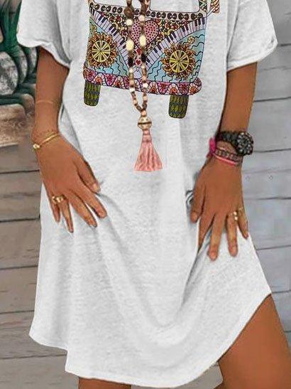 White Casual Printed Short Sleeve Crew Neck Dresses