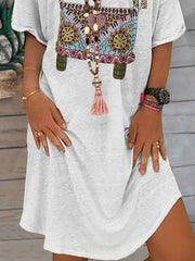 White Casual Printed Short Sleeve Crew Neck Dresses