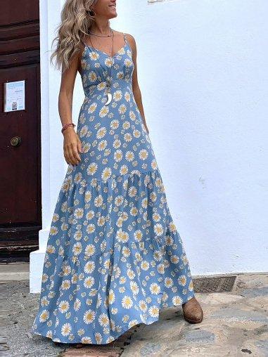 Blue Boho Spaghetti A-Line Floral Dresses