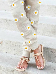 Beige Shift Floral Casual Linen Pants