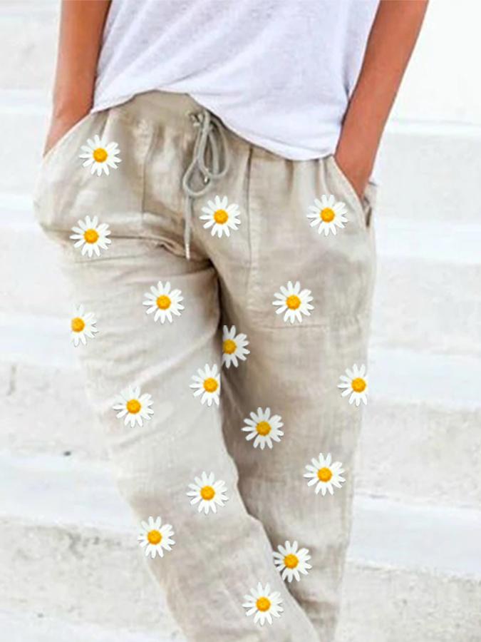 Beige Shift Floral Casual Linen Pants