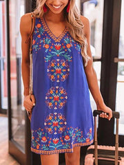 Black Floral Printed V Neck Sleeveless Holiday Casual Dresses