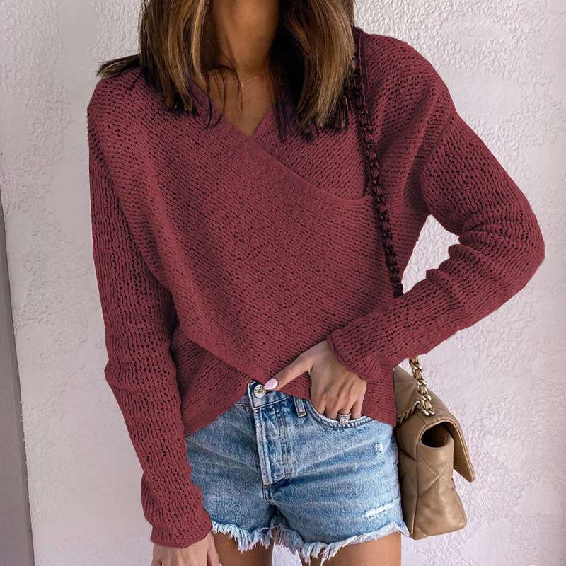 Fashion Cross V neck Pure Long sleeve Sweaters