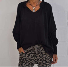 Casual Loose Pure V neck Long sleeve Blouses