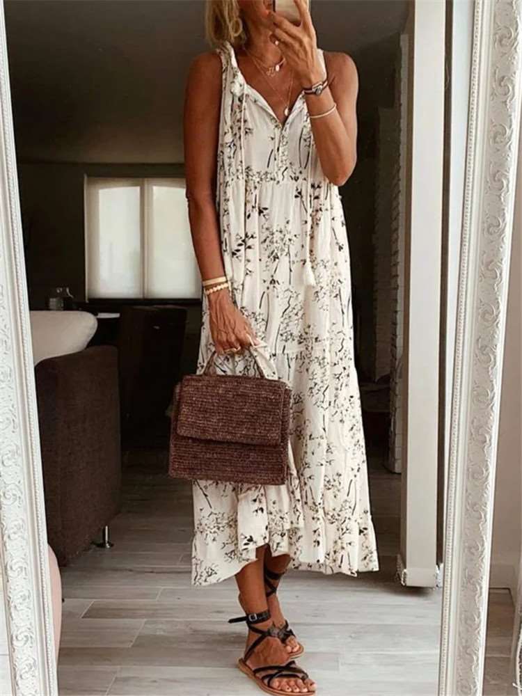 Casual Loose Floral print V neck Sleeveless Maxi Dresses
