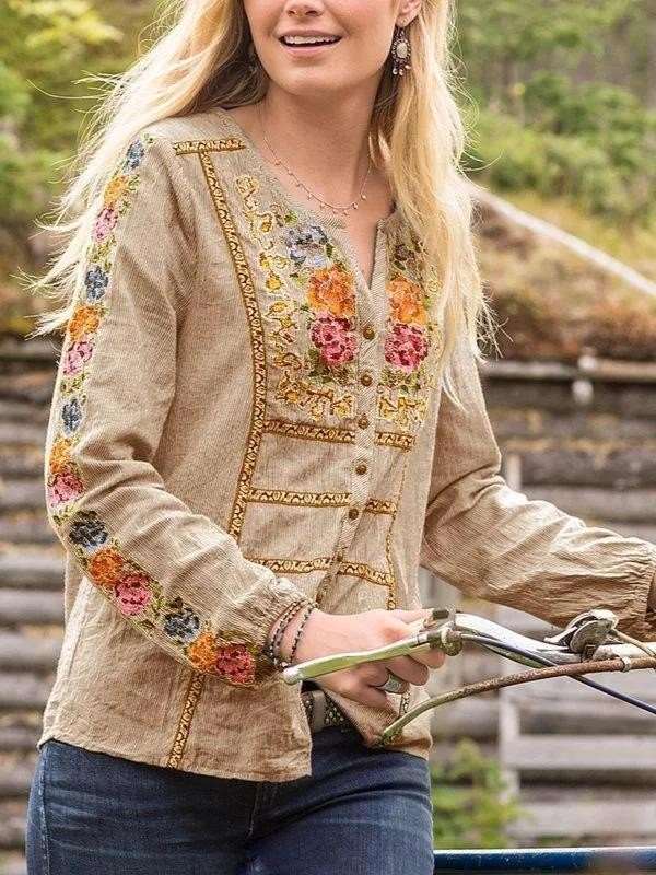 Casual Floral print V neck Long sleeve Blouses