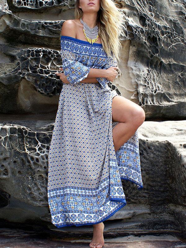 Fashion Chiffon Bohemia Floral Off Shoulder Side Split Maxi Dress
