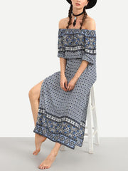 Fashion Chiffon Bohemia Floral Off Shoulder Side Split Maxi Dress