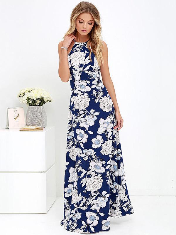 Bohemia Floral Printed Halterneck Backless Maxi Dress