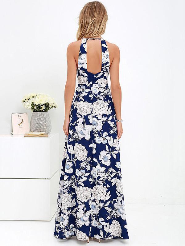 Bohemia Floral Printed Halterneck Backless Maxi Dress