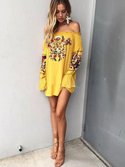 Bohemia Floral-Printed Off-The-Shoulder Puff-Sleeves Mini Dress