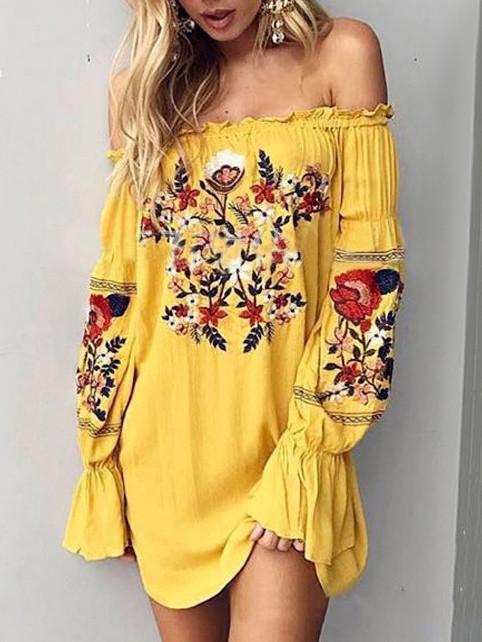 Bohemia Floral-Printed Off-The-Shoulder Puff-Sleeves Mini Dress