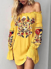 Bohemia Floral-Printed Off-The-Shoulder Puff-Sleeves Mini Dress