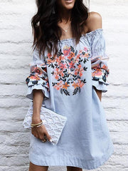 Sexy Embroidered Off-The-Shoulder Flared Sleeves Mini Dress