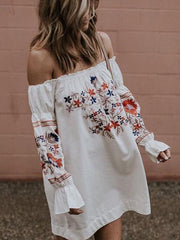 Sexy Embroidered Off-The-Shoulder Flared Sleeves Mini Dress