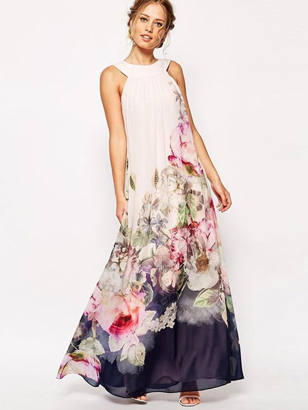 Chiffon Floral Printed Halterneck Sleeveless Maxi Dress