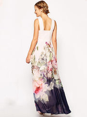 Chiffon Floral Printed Halterneck Sleeveless Maxi Dress