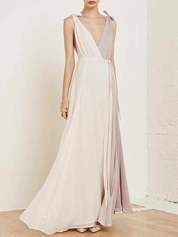 Chiffon Asymmetric Split-joint Deep V-neck Maxi Dress